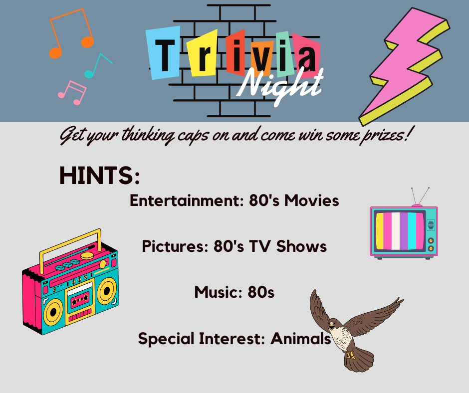 Triva Night in the Barley Room Pub Hints. 80's Music, Movies and Entertainment and Animals for Special Interest
